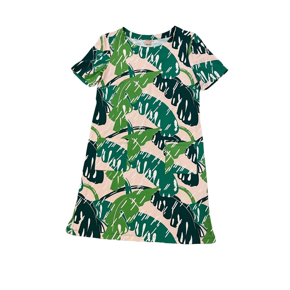 Persifor Carter Short Sleeve Dress Sz Large Beverly Hills Banana Leaf Pink Green